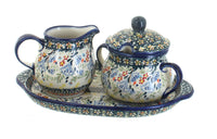 Polish Pottery Periwinkle Sugar & Creamer with Tray