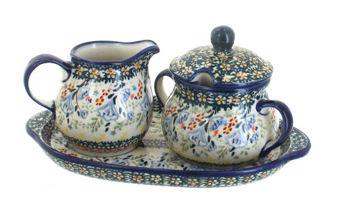Polish Pottery Periwinkle Sugar & Creamer with Tray