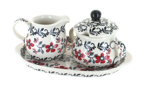 Polish Pottery Scarlett Ivy Sugar & Creamer with Tray