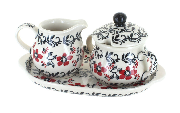 Polish Pottery Scarlett Ivy Sugar & Creamer with Tray