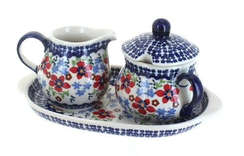 Polish Pottery Red Poppy Sugar & Creamer with Tray