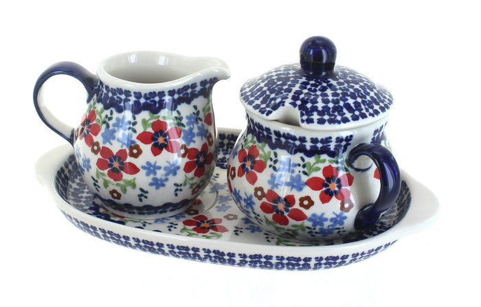 Polish Pottery Red Poppy Sugar & Creamer with Tray