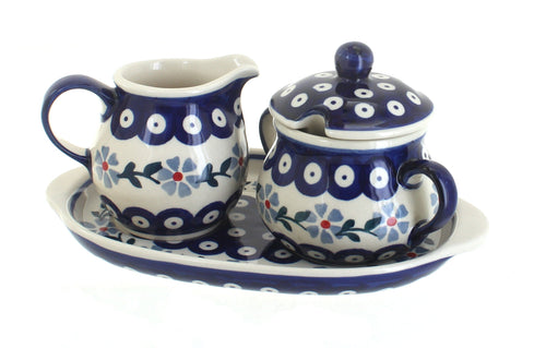 Polish Pottery Blue Violet Sugar & Creamer with Tray