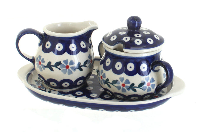 Polish Pottery Blue Violet Sugar & Creamer with Tray