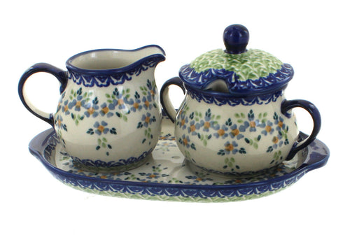 Polish Pottery Summer Vine Sugar & Creamer with Tray