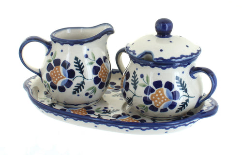Polish Pottery Sunflower Sugar & Creamer Set with Tray