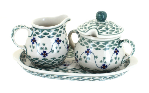 Polish Pottery Sage Floral Sugar & Creamer with Tray