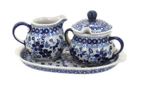 Polish Pottery Vintage Blue Daisy Sugar & Creamer with Tray