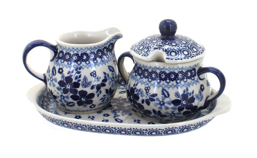 Polish Pottery Vintage Blue Daisy Sugar & Creamer with Tray