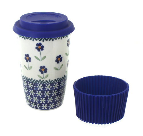 Polish Pottery Blue Daisy Travel Coffee Mug