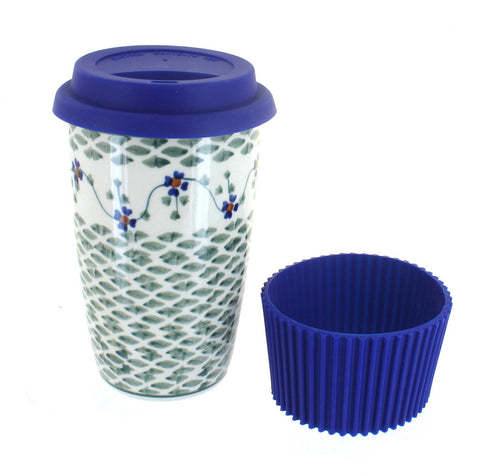 Polish Pottery Sage Floral Travel Coffee Mug