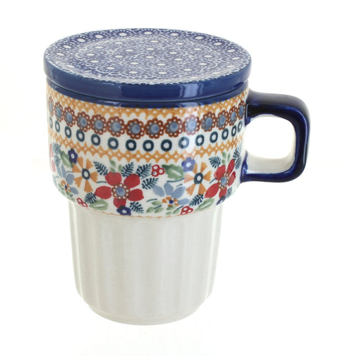 Polish Pottery Red Daisy Large Mug with Lid