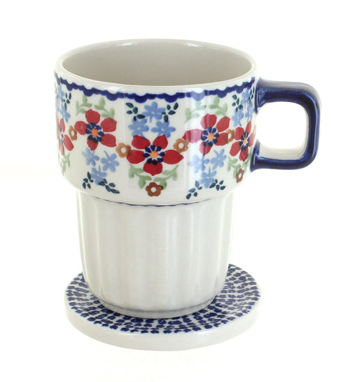 Red Poppy Large Mug with Lid Polish Pottery