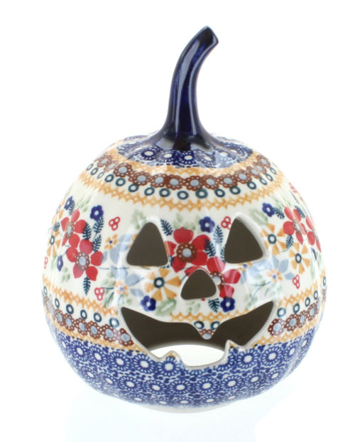 Polish Pottery Red Daisy Small Pumpkin Luminary