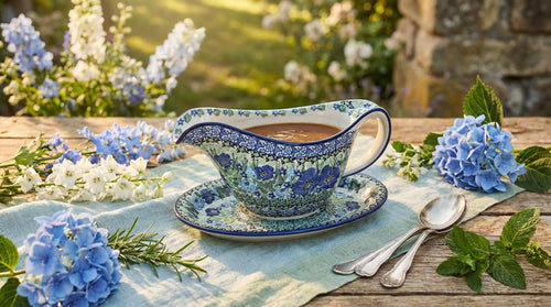 Sapphire Fields Gravy Boat & Plate Polish Pottery