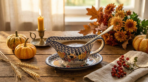 Harvest Bounty Gravy Boat & Plate Polish Pottery