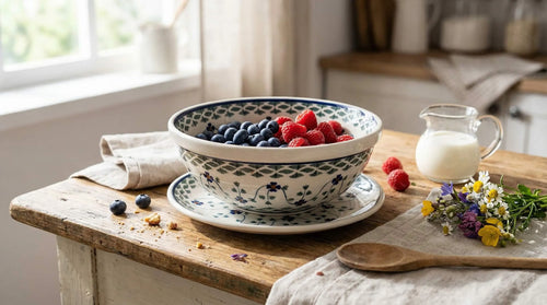 Sage Floral Berry Bowl with Plate Polish Pottery