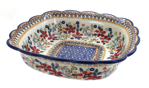 Polish Pottery Red Daisy Small Square Serving Dish