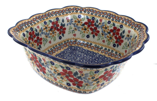 Polish Pottery Red Daisy Large Square Serving Dish