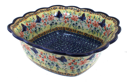 Polish Pottery Blue Butterfly Large Square Serving Dish
