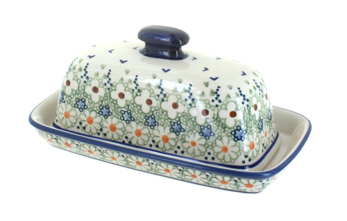 Polish Pottery Green Daisy Butter Dish