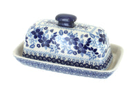 Polish Pottery Vintage Blue Daisy Butter Dish
