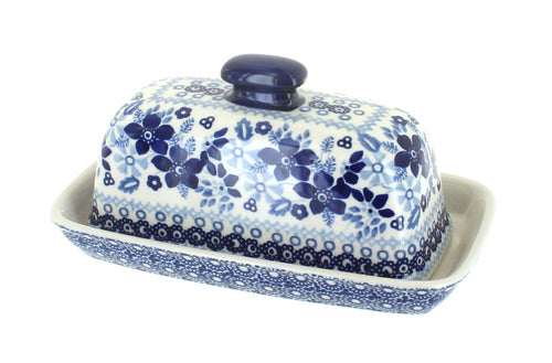 Polish Pottery Vintage Blue Daisy Butter Dish