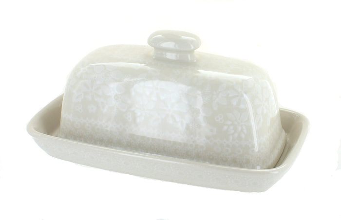 Polish Pottery White Lace Butter Dish
