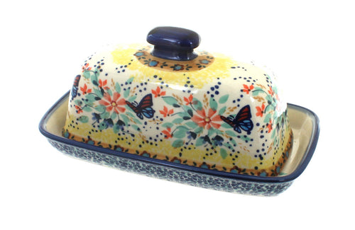 Polish Pottery Blue Butterfly Butter Dish