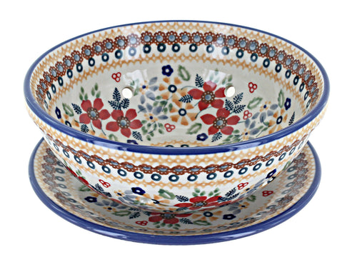 Polish Pottery Red Daisy Berry Bowl With Plate