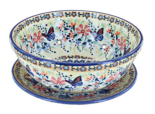 Polish Pottery Blue Butterfly Berry Bowl with Plate