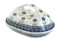Polish Pottery Blue Daisy Butter Dish with Handle