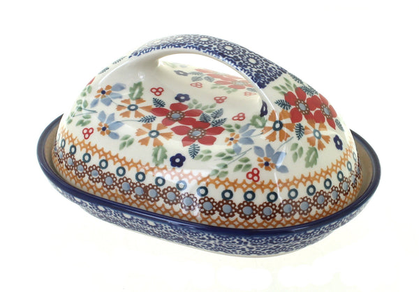 Red Daisy Butter Dish with Handle