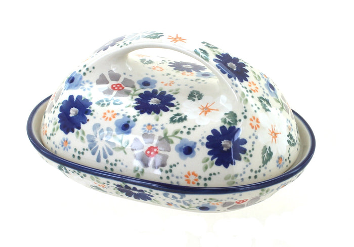 Polish Pottery Carnival Butter Dish with Handle
