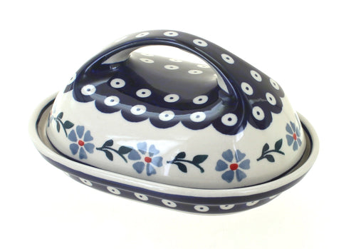 Polish Pottery Blue Violet Butter Dish with Handle