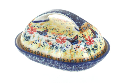 Polish Pottery Blue Butterfly Butter Dish with Handle