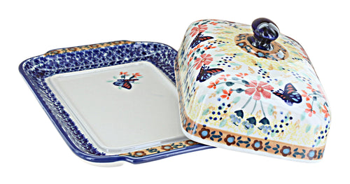 Blue Butterfly Large Butter Dish Polish Pottery
