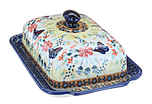 Polish Pottery Blue Butterfly Large Butter Dish