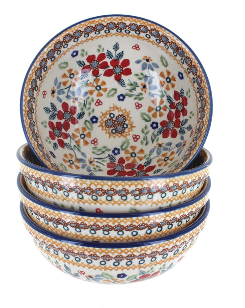 Polish Pottery Red Daisy 4 PC Dessert Bowl Set