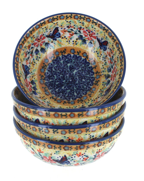 Polish Pottery Blue Butterfly 4 PC Dessert Bowl Set