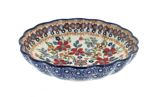 Polish Pottery Red Daisy Scallop Bowl