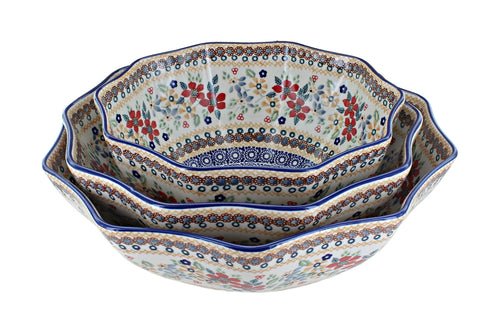 Polish Pottery Red Daisy Decagonal Serving Bowl Set