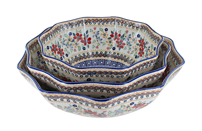 Polish Pottery Red Daisy Decagonal Serving Bowl Set
