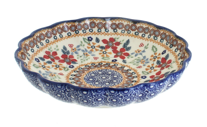 Polish Pottery Red Daisy Medium Scallop Bowl
