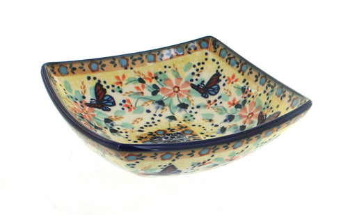 Polish Pottery Blue Butterfly Small Square Bowl