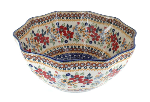 Polish Pottery Red Daisy Small Decagonal Serving Bowl