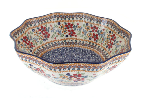 Polish Pottery Red Daisy Medium Decagonal Serving Bowl