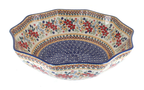 Polish Pottery Red Daisy Large Decagonal Serving Bowl