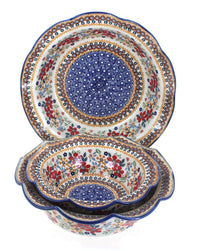 Polish Pottery Red Daisy 3 Piece Scallop Serving Set