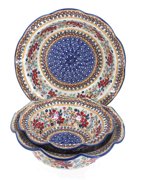 Polish Pottery Red Daisy 3 Piece Scallop Serving Set